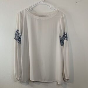 LOFT Cream Blouse with Blue Floral Details